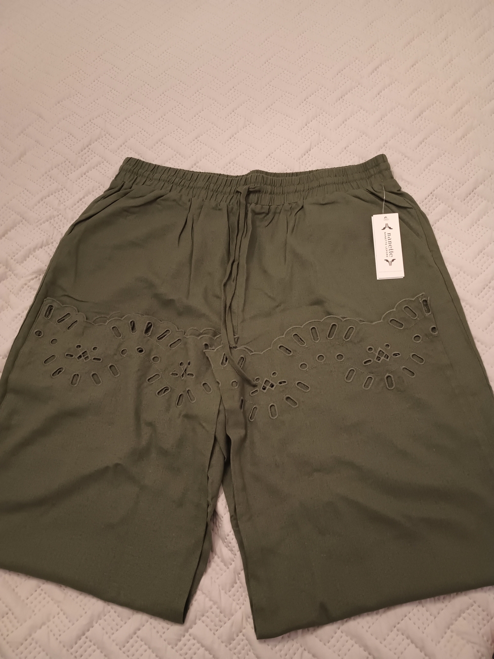 Nanette Lepore Olive Green Drawstring Linen Pants with Laser-Cut Detail XL
